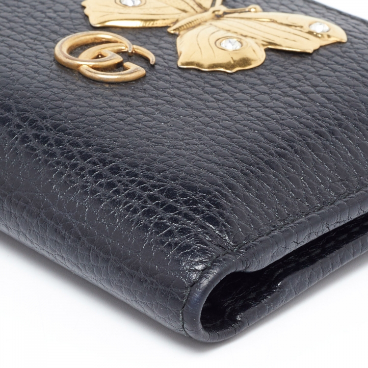 Pre Owned Gucci Black Leather GG Marmont Butterfly Bifold Zip Wallet