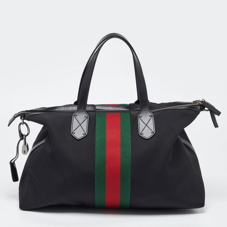 Pre Owned Gucci Black Canvas and Leather Web Duffel Bag