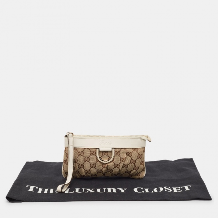 Pre Owned Gucci White/Beige GG Canvas and Leather Abbey D-Ring Wristlet Pouch