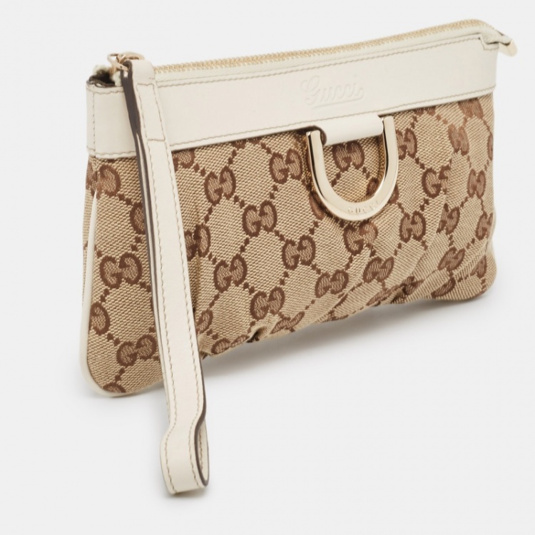 Pre Owned Gucci White/Beige GG Canvas and Leather Abbey D-Ring Wristlet Pouch