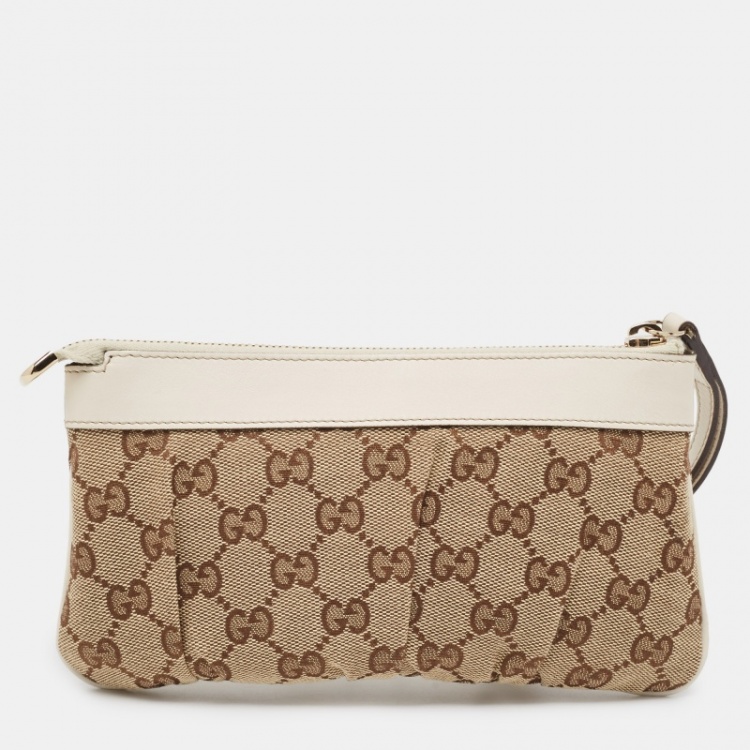 Pre Owned Gucci White/Beige GG Canvas and Leather Abbey D-Ring Wristlet Pouch