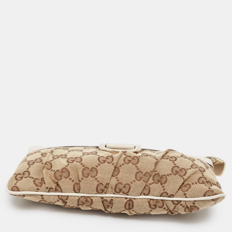 Pre Owned Gucci White/Beige GG Canvas and Leather Abbey D-Ring Wristlet Pouch