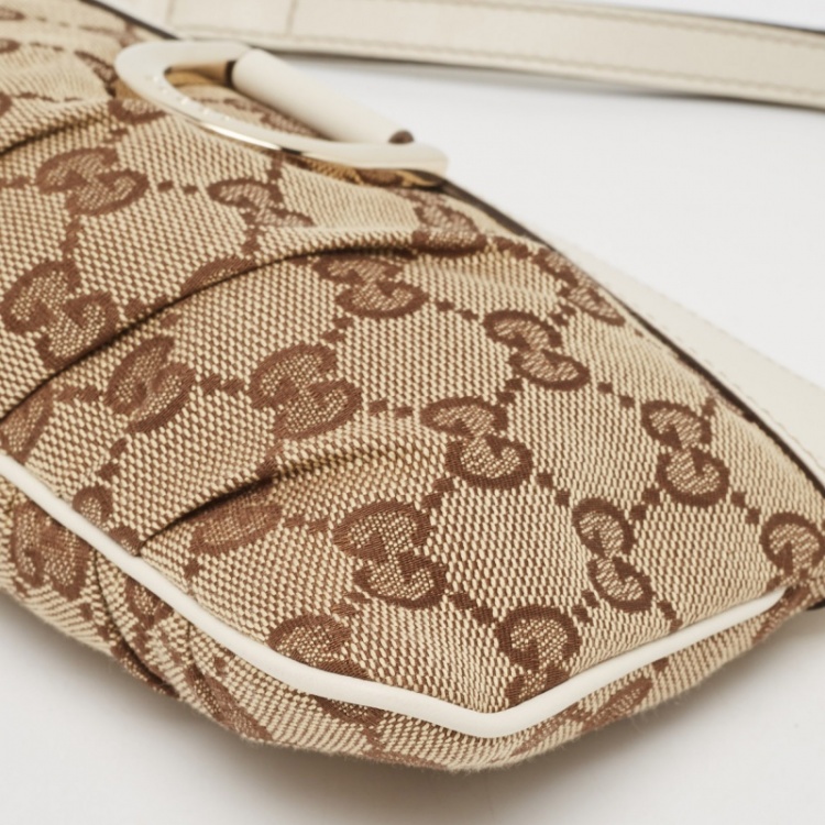 Pre Owned Gucci White/Beige GG Canvas and Leather Abbey D-Ring Wristlet Pouch