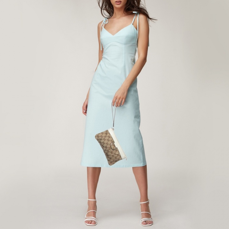 Pre Owned Gucci White/Beige GG Canvas and Leather Abbey D-Ring Wristlet Pouch