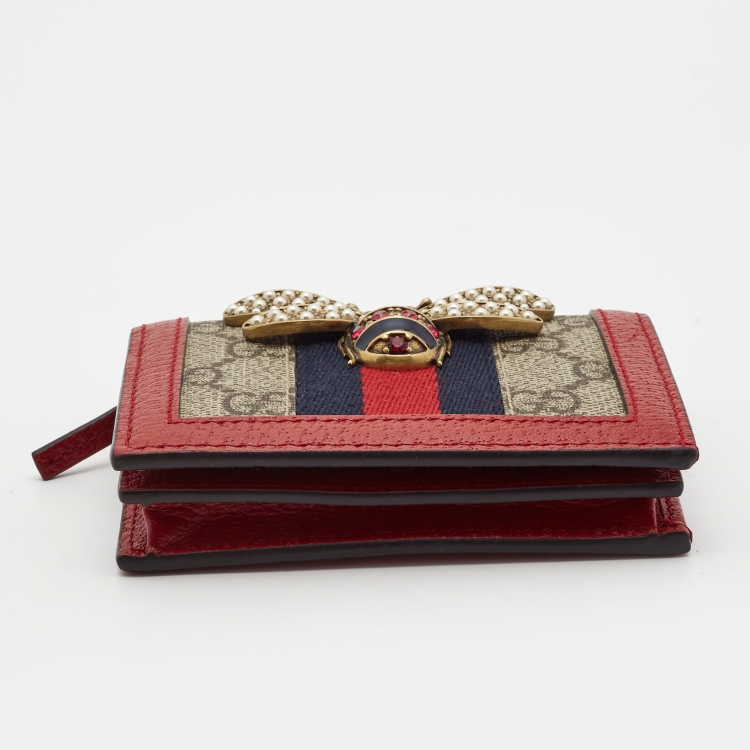 Pre Owned Gucci Red/Beige GG Supreme Canvas and Leather Queen Margaret Card Case