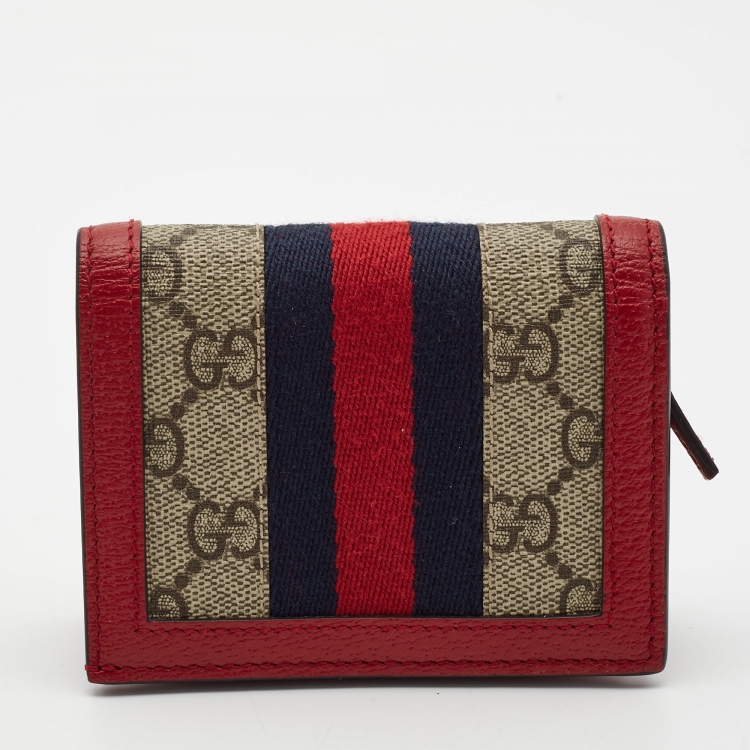 Pre Owned Gucci Red/Beige GG Supreme Canvas and Leather Queen Margaret Card Case