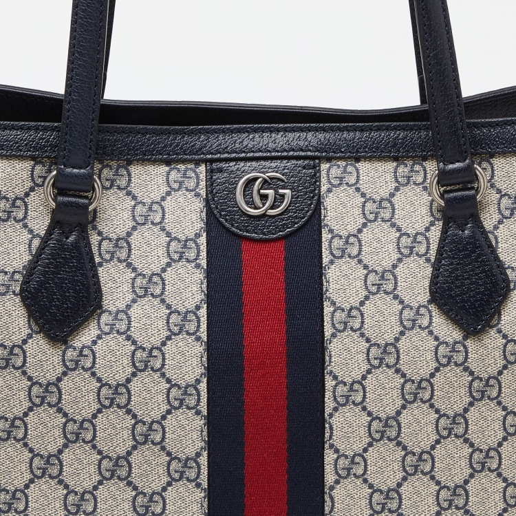 Pre Owned Gucci Blue/Beige GG Supreme Canvas and Leather Medium Ophidia Tote