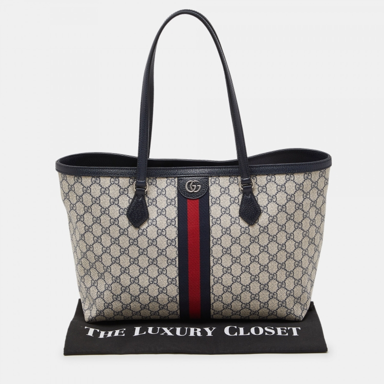 Pre Owned Gucci Blue/Beige GG Supreme Canvas and Leather Medium Ophidia Tote