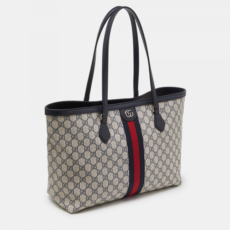Pre Owned Gucci Blue/Beige GG Supreme Canvas and Leather Medium Ophidia Tote