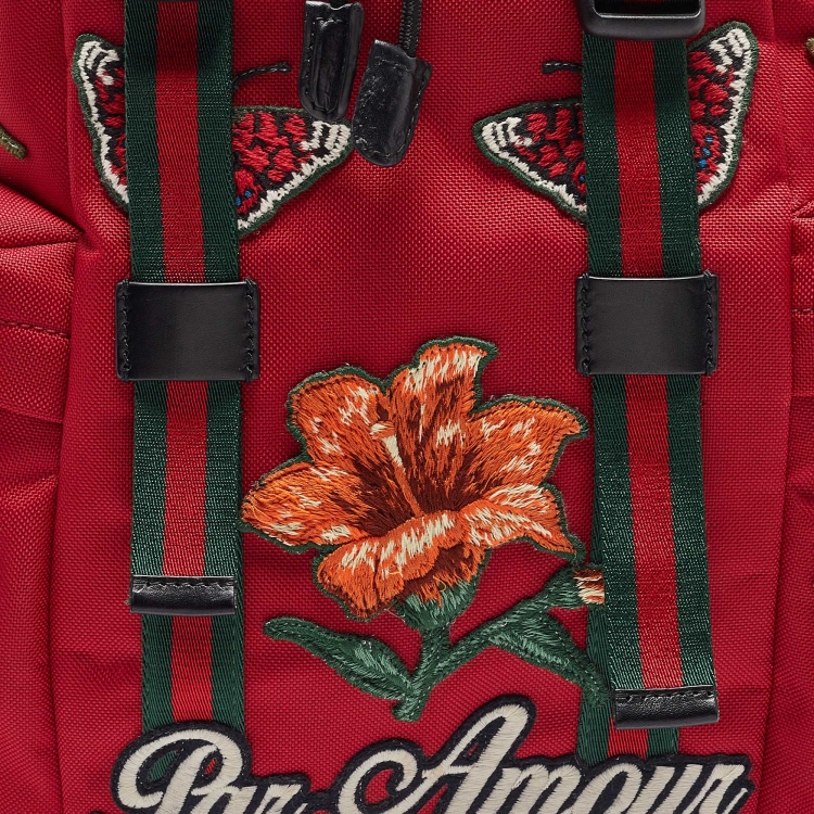 Pre Owned Gucci Red Techno Canvas L'Aveugle Par Amour Embroidered Double Buckle Backpack 
