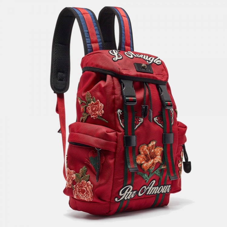 Pre Owned Gucci Red Techno Canvas L'Aveugle Par Amour Embroidered Double Buckle Backpack 