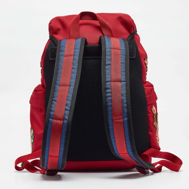 Pre Owned Gucci Red Techno Canvas L'Aveugle Par Amour Embroidered Double Buckle Backpack 