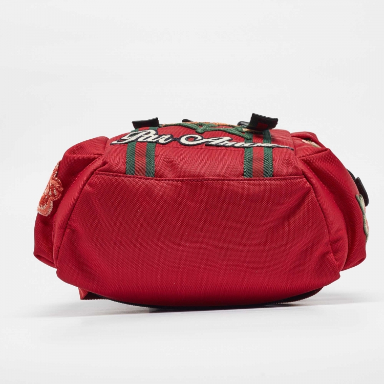 Pre Owned Gucci Red Techno Canvas L'Aveugle Par Amour Embroidered Double Buckle Backpack 