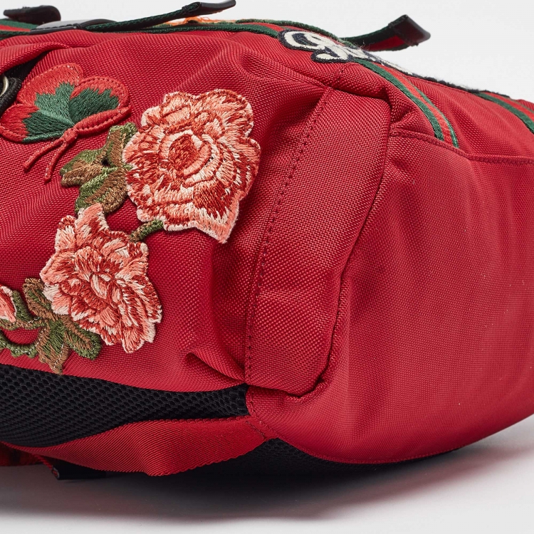 Pre Owned Gucci Red Techno Canvas L'Aveugle Par Amour Embroidered Double Buckle Backpack 