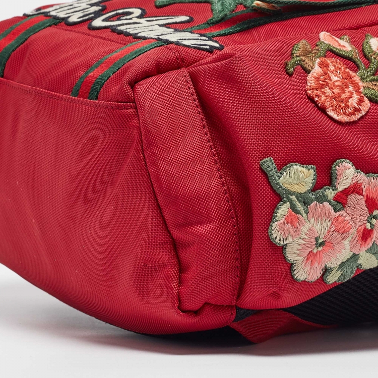 Pre Owned Gucci Red Techno Canvas L'Aveugle Par Amour Embroidered Double Buckle Backpack 