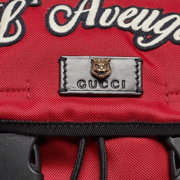 Pre Owned Gucci Red Techno Canvas L'Aveugle Par Amour Embroidered Double Buckle Backpack 
