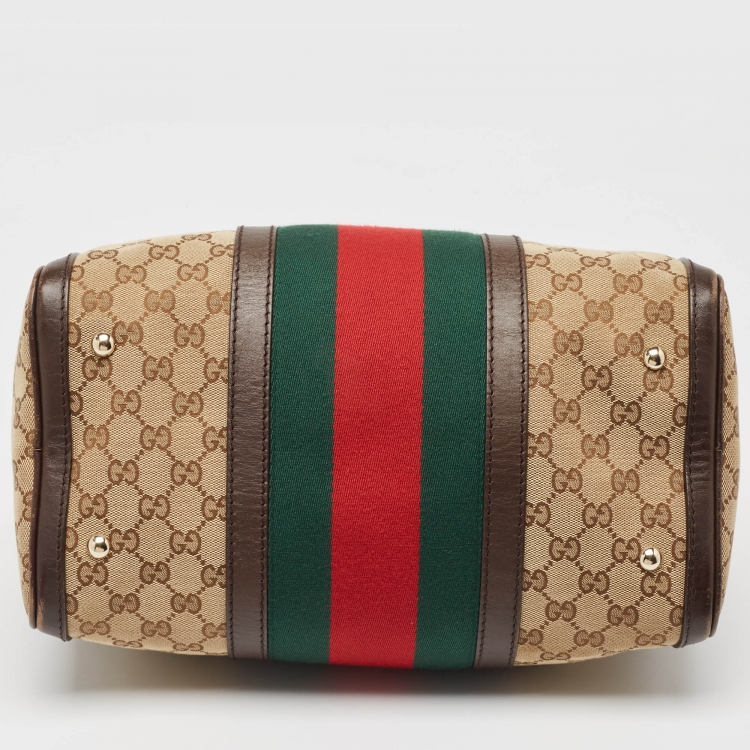 Pre Owned Gucci Brown/Beige GG Canvas and Leather Joy Web Boston Bag