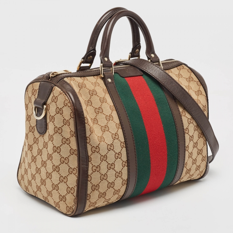 Pre Owned Gucci Brown/Beige GG Canvas and Leather Joy Web Boston Bag