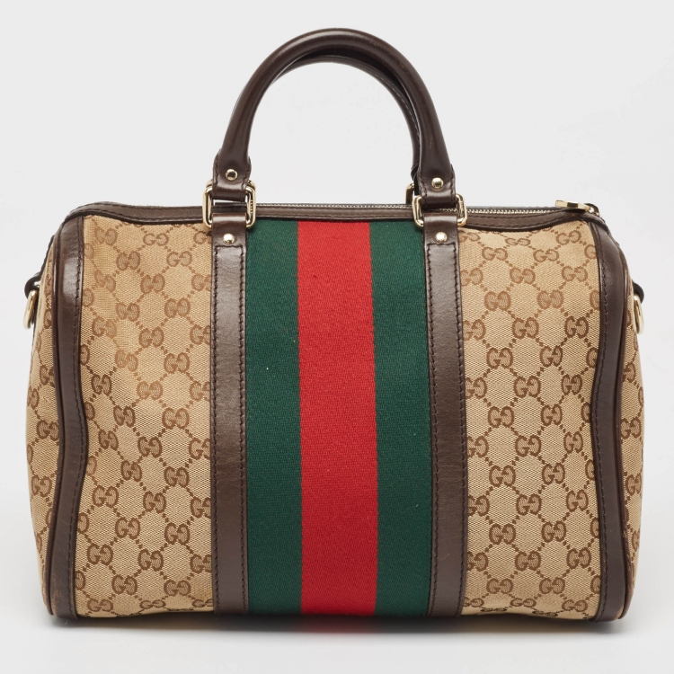 Pre Owned Gucci Brown/Beige GG Canvas and Leather Joy Web Boston Bag