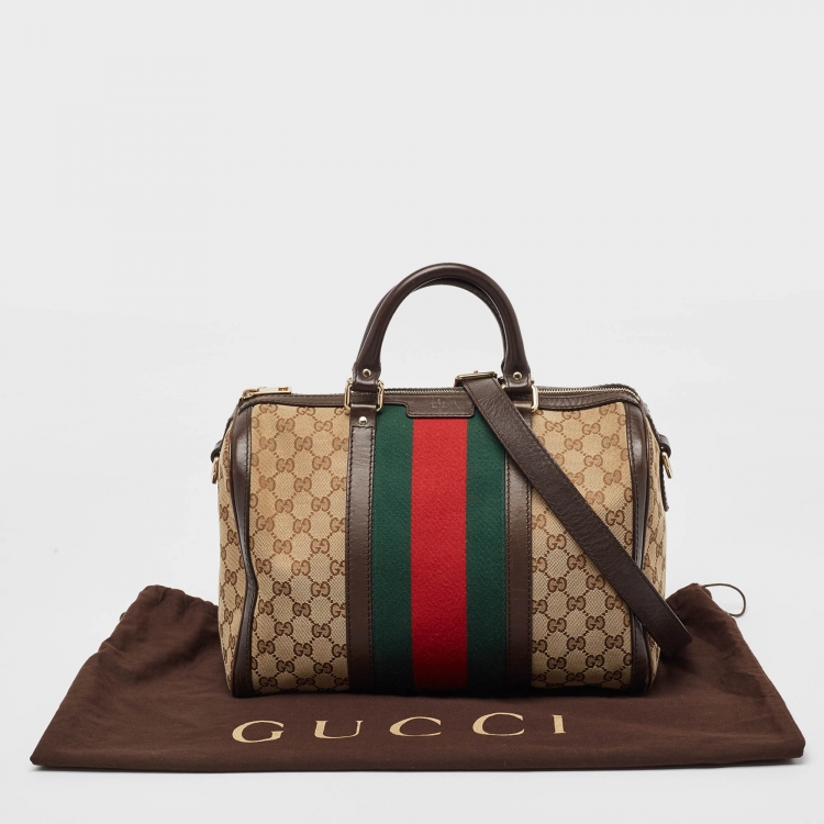 Pre Owned Gucci Brown/Beige GG Canvas and Leather Joy Web Boston Bag