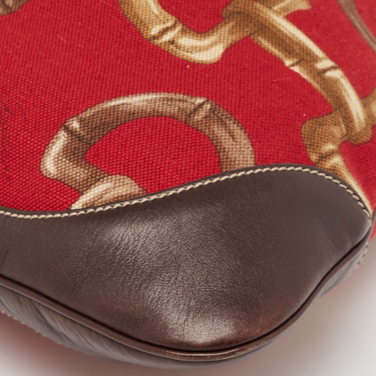 Pre Owned Gucci Red/Brown Horsebit Canvas and Leather Jackie O Bouvier Hobo