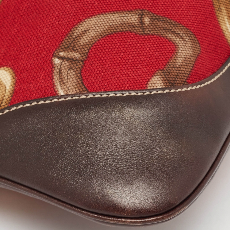 Pre Owned Gucci Red/Brown Horsebit Canvas and Leather Jackie O Bouvier Hobo