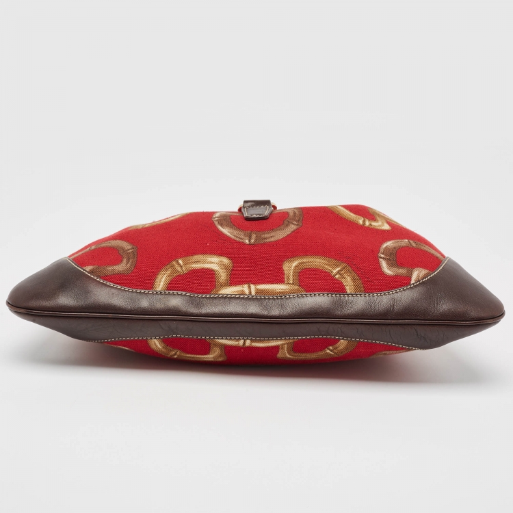 Pre Owned Gucci Red/Brown Horsebit Canvas and Leather Jackie O Bouvier Hobo