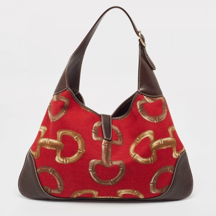 Pre Owned Gucci Red/Brown Horsebit Canvas and Leather Jackie O Bouvier Hobo