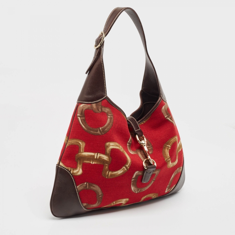Pre Owned Gucci Red/Brown Horsebit Canvas and Leather Jackie O Bouvier Hobo
