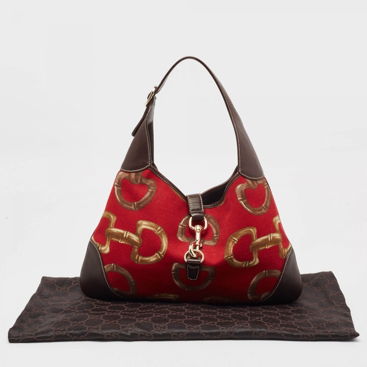 Pre Owned Gucci Red/Brown Horsebit Canvas and Leather Jackie O Bouvier Hobo