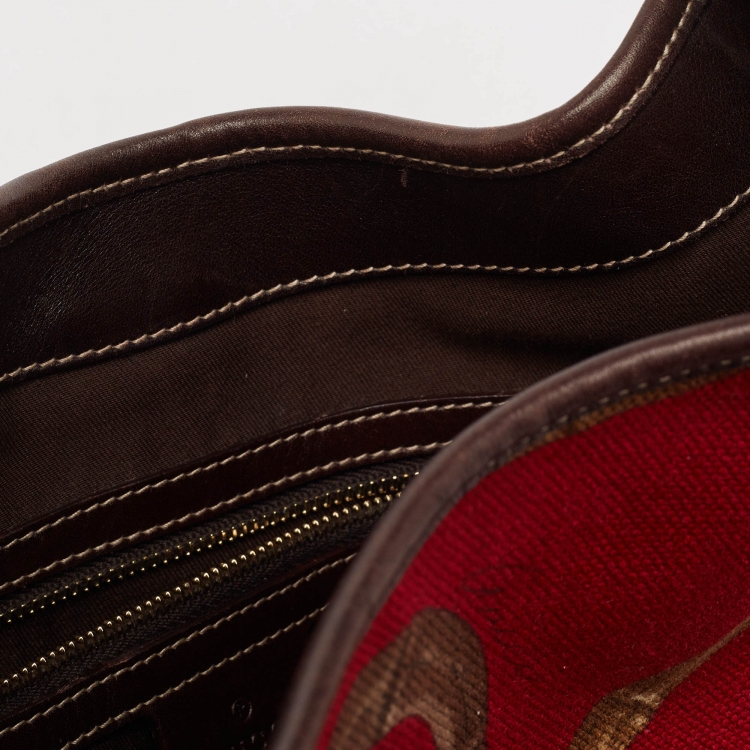 Pre Owned Gucci Red/Brown Horsebit Canvas and Leather Jackie O Bouvier Hobo