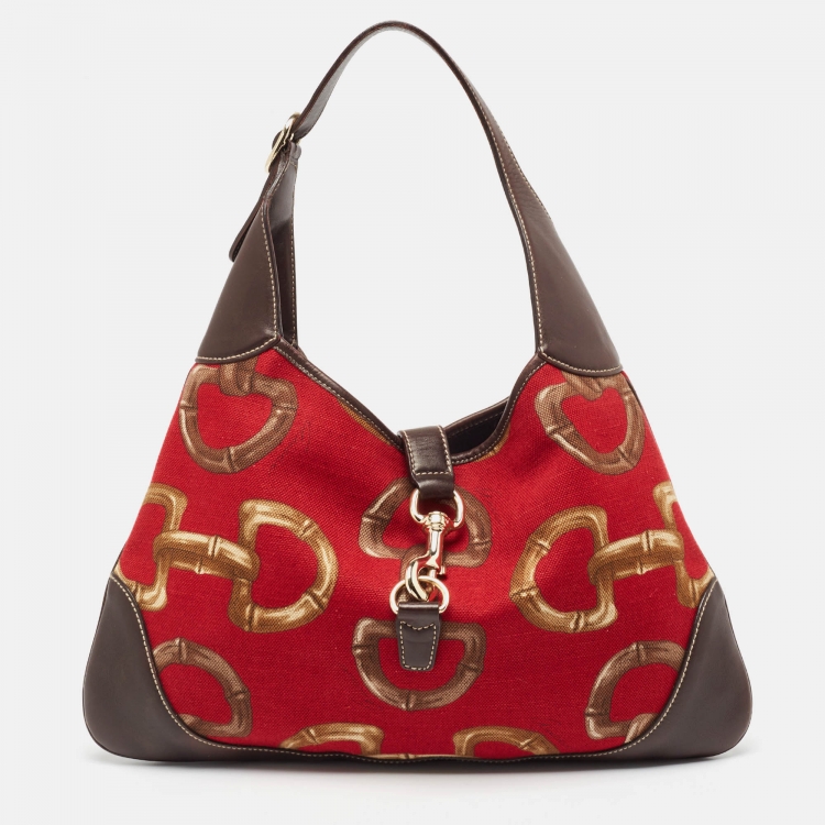 Pre Owned Gucci Red/Brown Horsebit Canvas and Leather Jackie O Bouvier Hobo
