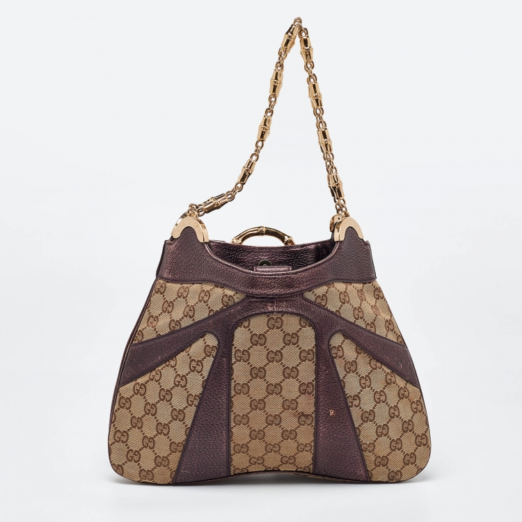 Pre Owned Gucci Beige/Metallic GG Canvas and Leather Limited Edition Tom Ford Bamboo Hobo