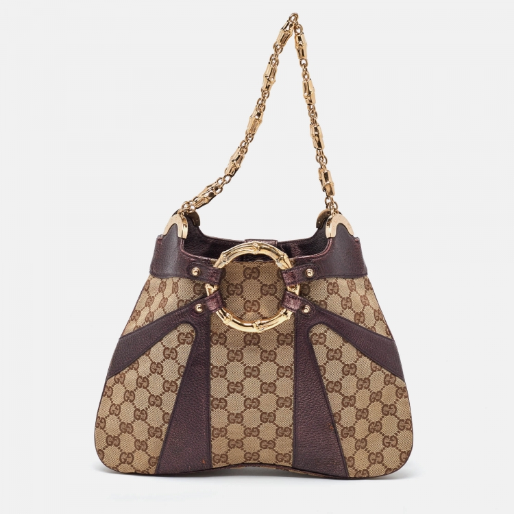 Pre Owned Gucci Beige/Metallic GG Canvas and Leather Limited Edition Tom Ford Bamboo Hobo