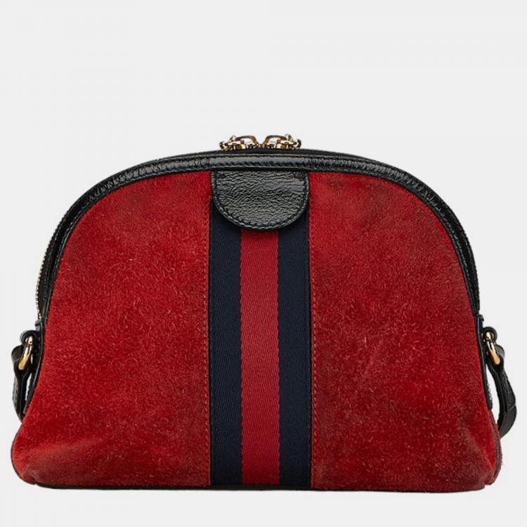 Pre Owned Gucci Red Leather, Suede Suede Small Ophidia Dome Shoulder Bag
