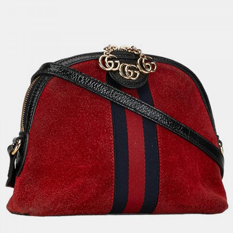 Pre Owned Gucci Red Leather, Suede Suede Small Ophidia Dome Shoulder Bag