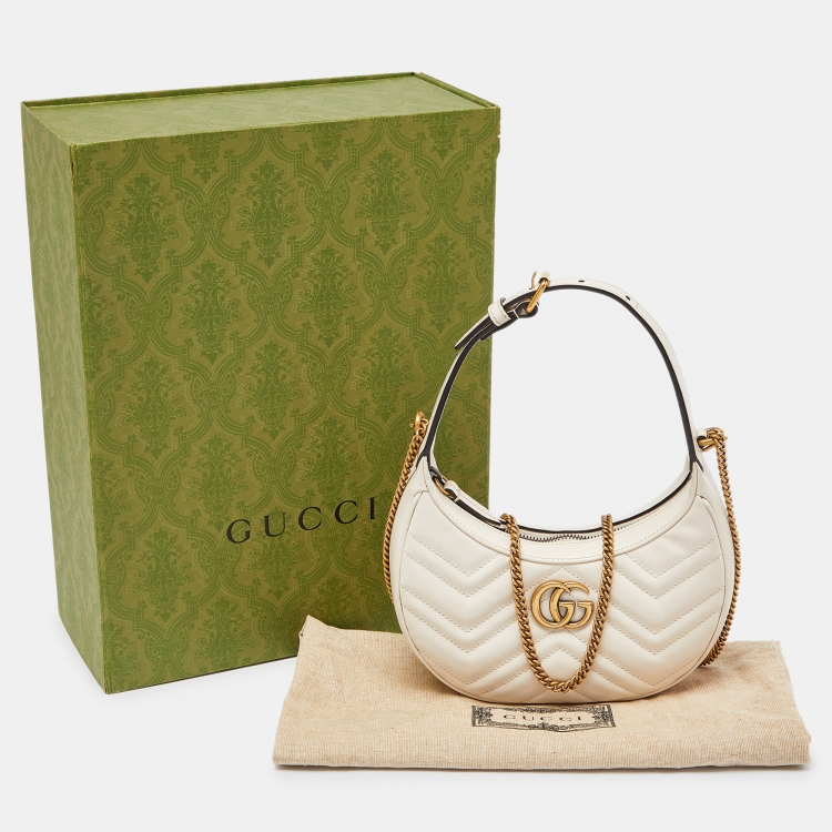 Pre Owned Gucci Cream Matelassé Leather Mini GG Marmont Halfmoon Hobo