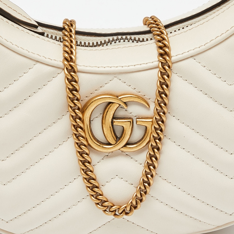 Pre Owned Gucci Cream Matelassé Leather Mini GG Marmont Halfmoon Hobo