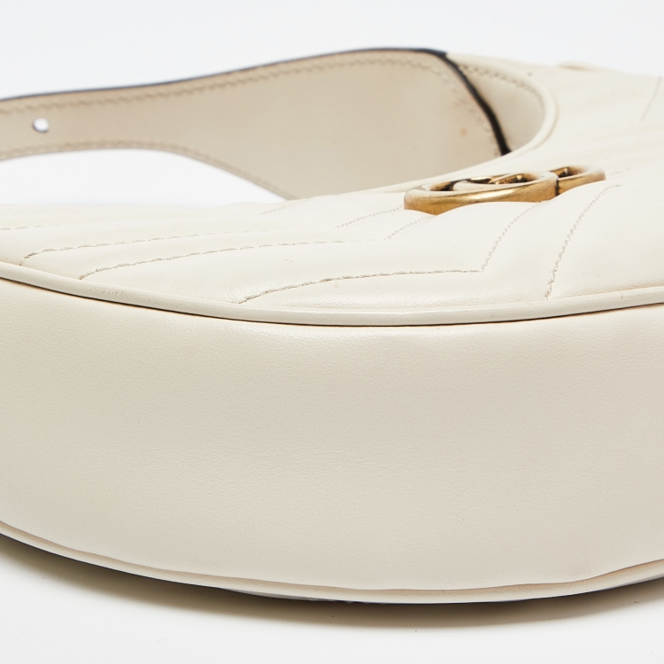 Pre Owned Gucci Cream Matelassé Leather Mini GG Marmont Halfmoon Hobo