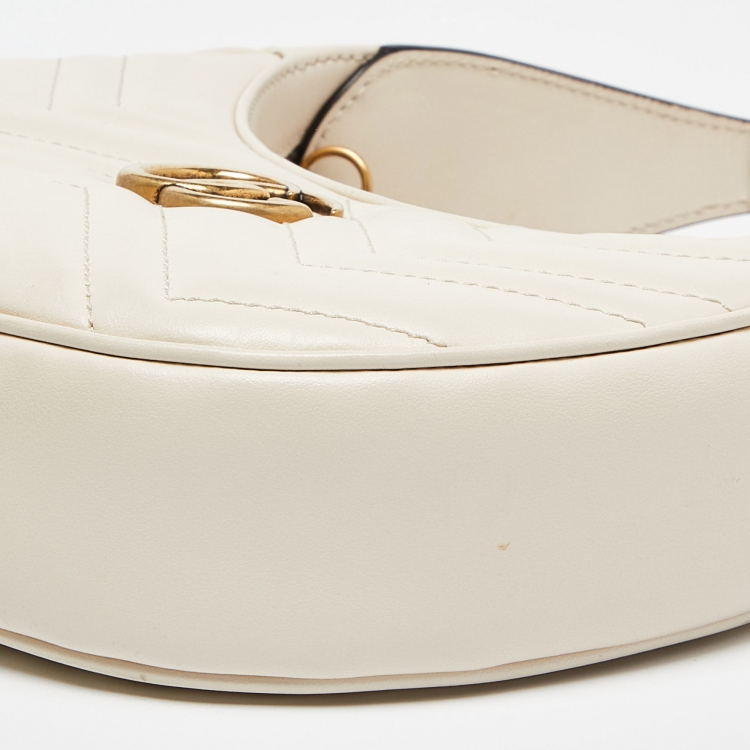 Pre Owned Gucci Cream Matelassé Leather Mini GG Marmont Halfmoon Hobo