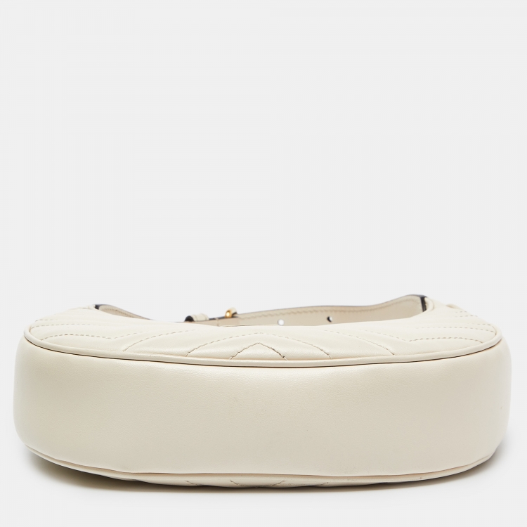 Pre Owned Gucci Cream Matelassé Leather Mini GG Marmont Halfmoon Hobo
