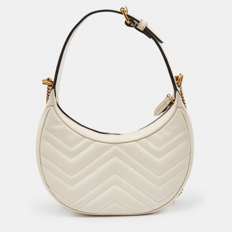 Pre Owned Gucci Cream Matelassé Leather Mini GG Marmont Halfmoon Hobo