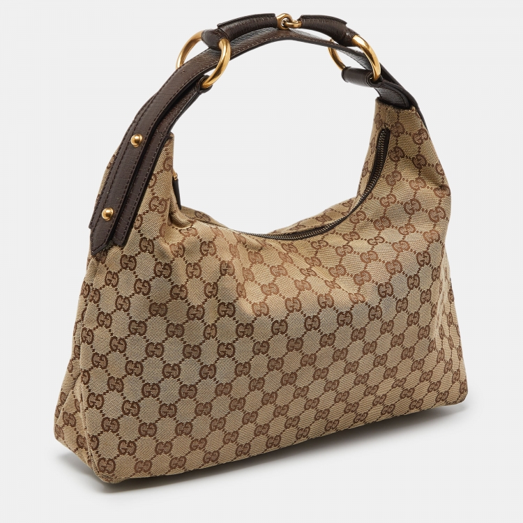 Pre Owned Gucci Beige/Brown GG Canvas and Leather Horsebit Handle Hobo