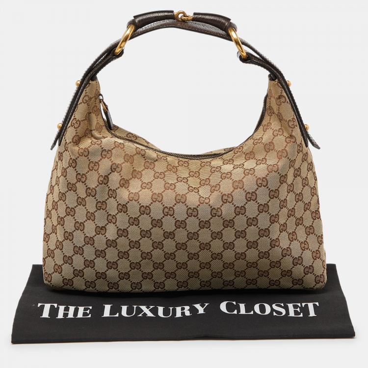 Pre Owned Gucci Beige/Brown GG Canvas and Leather Horsebit Handle Hobo