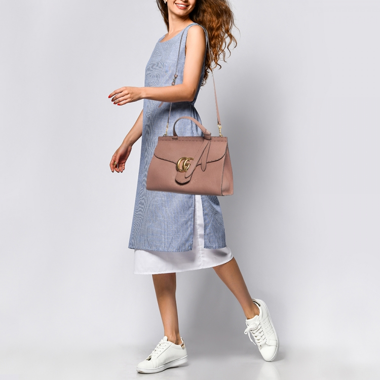 Pre Owned Gucci Old Rose Leather Medium GG Marmont Top Handle Bag