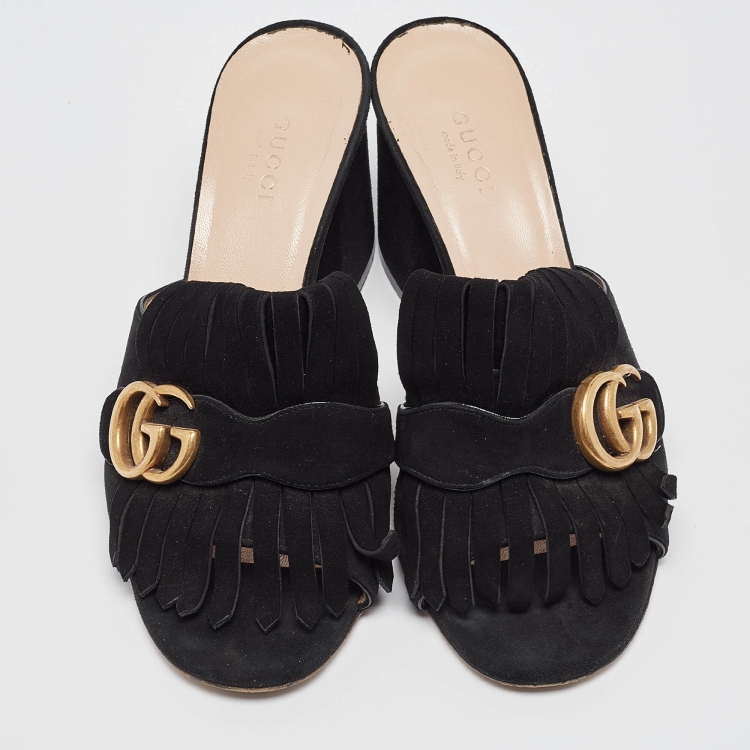 Pre Owned Gucci  Black Suede GG Marmont Slide Sandals Size 37.5