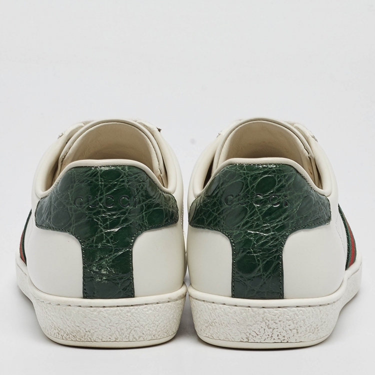 Pre Owned Gucci White/Green Leather and Crocodile  Ace Web Sneakers Size 38