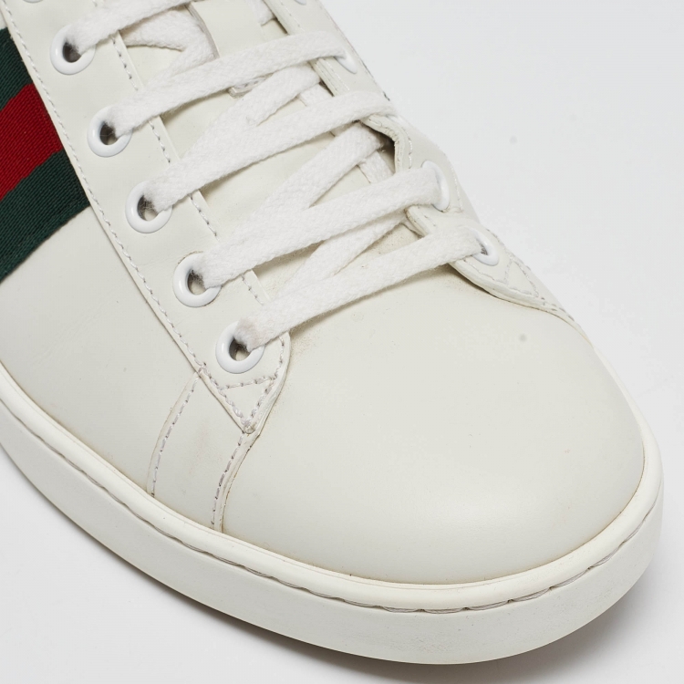 Pre Owned Gucci White/Green Leather and Crocodile  Ace Web Sneakers Size 38