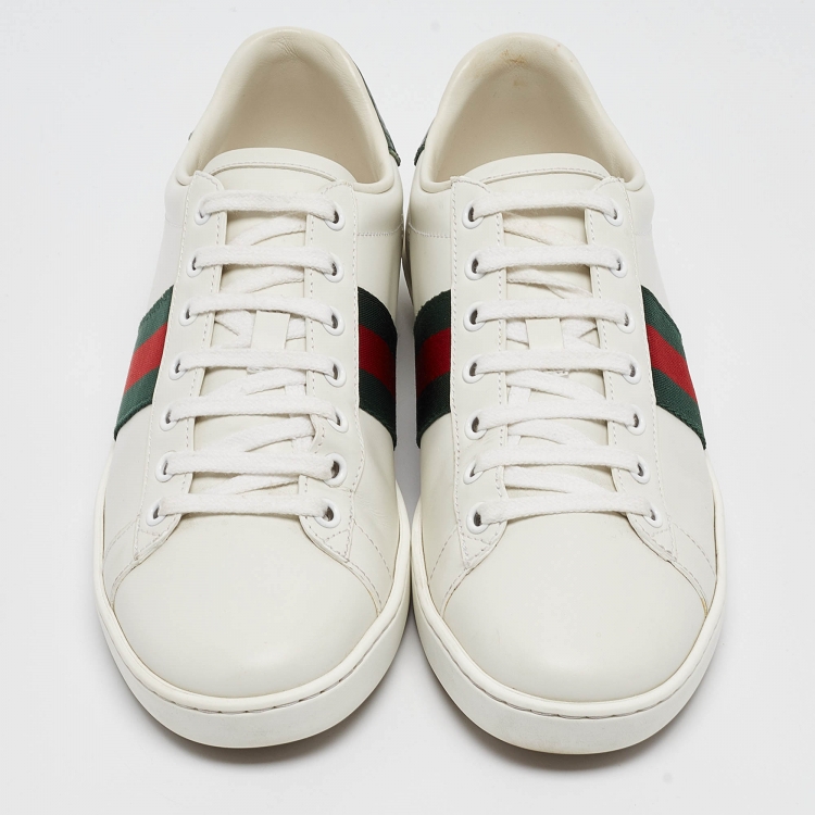 Pre Owned Gucci White/Green Leather and Crocodile  Ace Web Sneakers Size 38