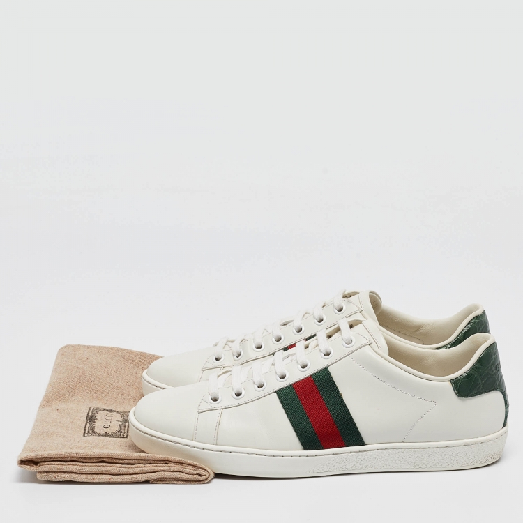 Pre Owned Gucci White/Green Leather and Crocodile  Ace Web Sneakers Size 38